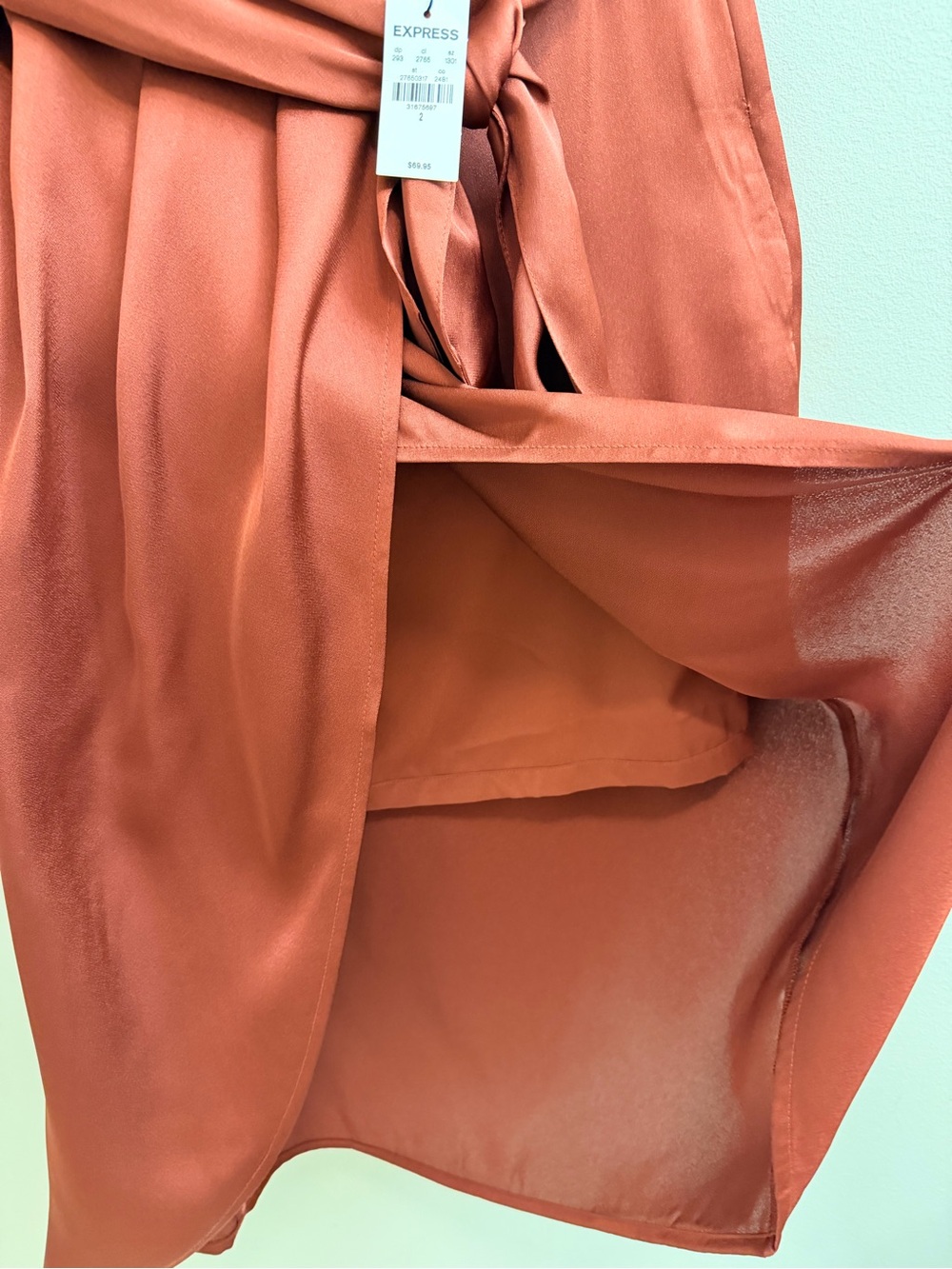 NWT Express Satin Tie-Waist Faux Wrap Midi Skirt- Rust Red Size 2 - Picture 10 of 11